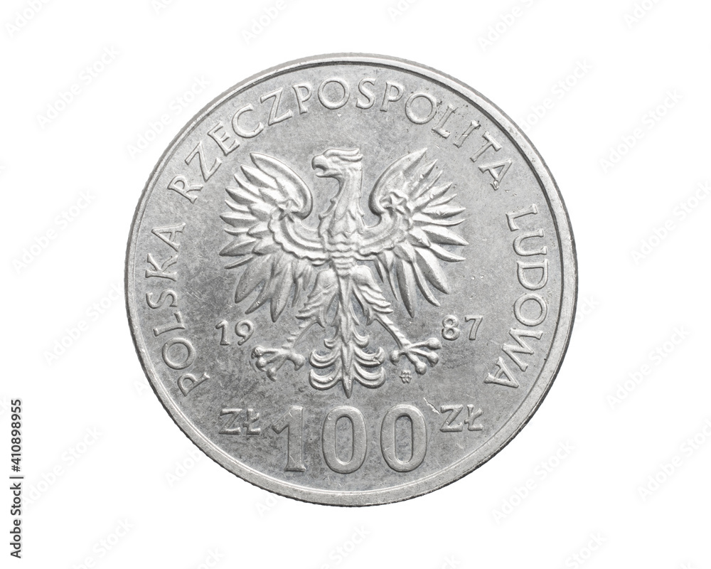 one hundred Polish zloty coin on a white isolated background one hundred Polish zloty coin on a white isolated background