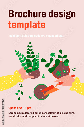 Woman replanting houseplants. Hands of person holding plant and shovel, digging up soil in pot. Vector illustration for florist job, home plants care, interior decoration concept
