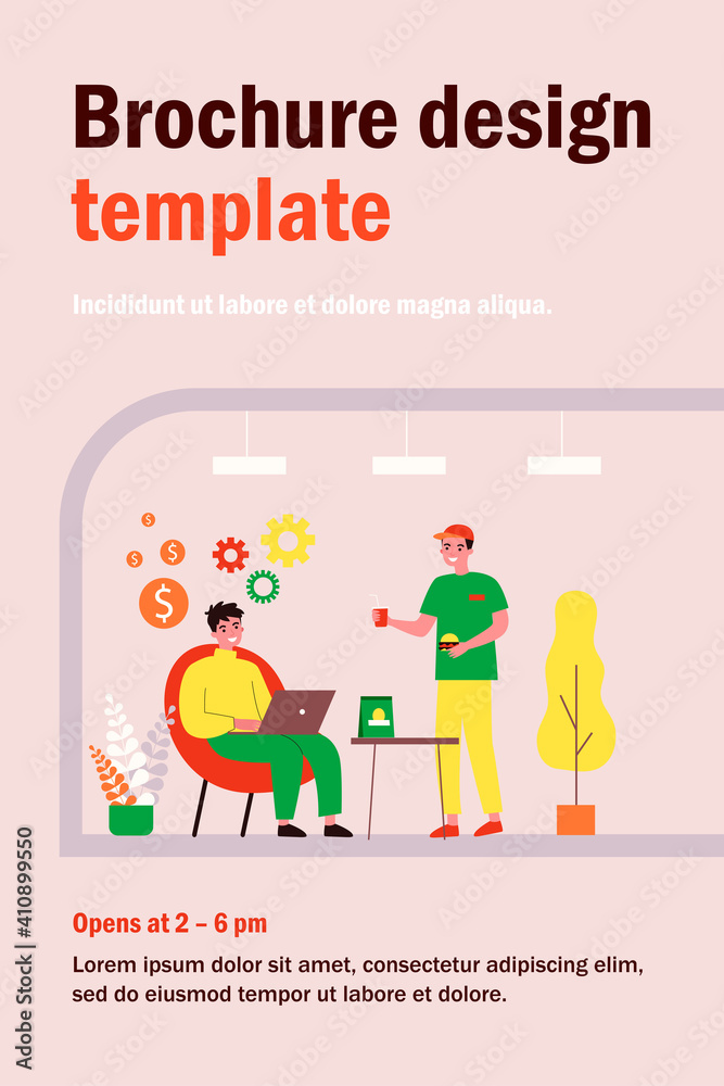 Freelancer working in fast food cafe. Man using laptop, waiter bringing fast food and drink flat vector illustration. Freelance, catering concept for banner, website design or landing web page