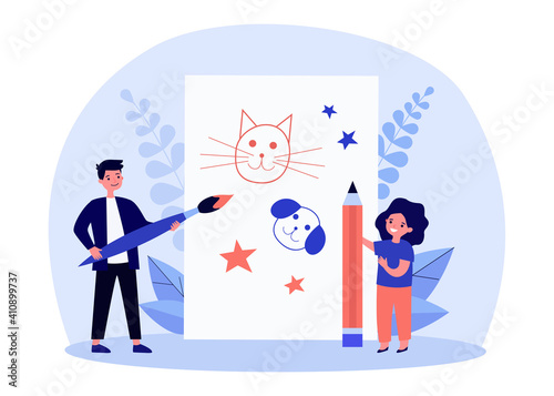 Tiny cute children painting pets on big sheet of paper. Dog, cat, pencil flat vector illustration. Childhood and art concept for banner, website design or landing web page