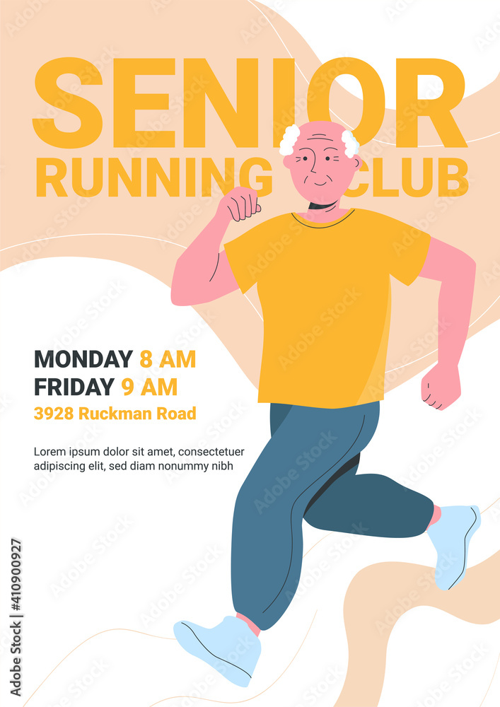 Senior running club poster with jogging old man Senior running club poster with jogging old man