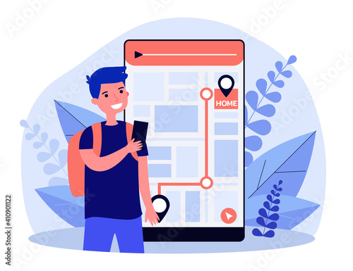 Tiny little boy using navigator on smartphone. App, path, home flat vector illustration. Digital technology and navigation concept for banner, website design or landing web page