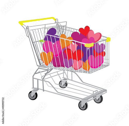 vector illustration of shopping cart full of gifts, shopping cart with hearts, valentines