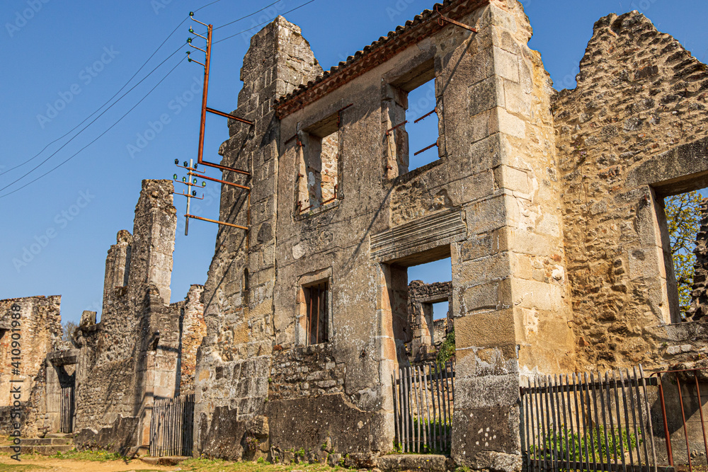 Ruined stone building in Martyr village, Oradour-sur-Glane