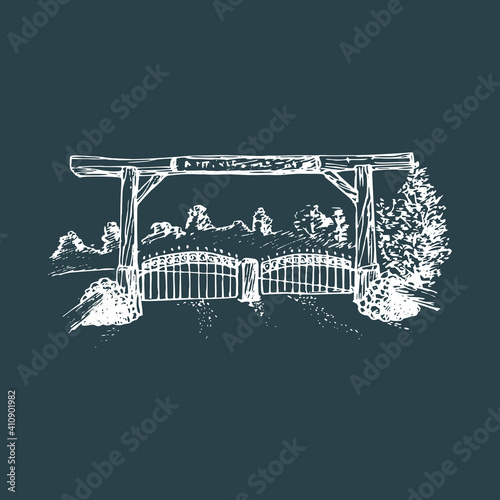 Hand drawn illustration of a farm gate view.