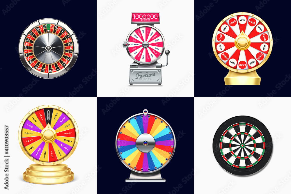 Fortune wheels. Casino roulette, spin to win game and dart board. Lucky