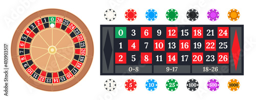 Mini roulette wheel. Casino chips, table layout and simplified 0-26 little wheel for Roulette game vector illustration set