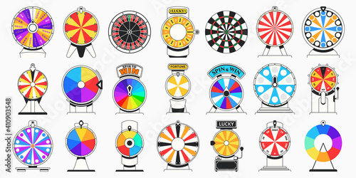 Flat spinning fortune wheel. Spin to win game, colorful lucky chance wheels and casino roulette. Jackpot circle vector illustration set
