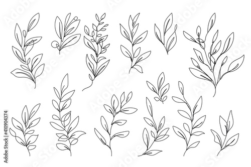 Vector Set of Hand Drawn Line Art Botanical Elements, Leaves, Flowers. Minimalist Trendy Contemporary Design Perfect for Wall Art, Prints, Social Media, Posters, Invitations, Branding Design.