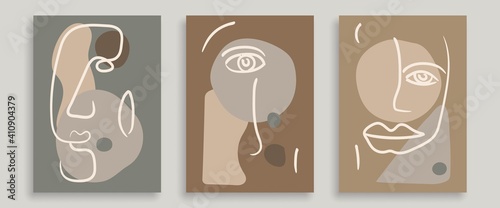 Abstract Poster Set with Line Art Faces Picasso Style. Trendy Modern Wall Print Collection. Minimalist Poster with Line Art Design. Minimal Abstract Background. Vector EPS 10.