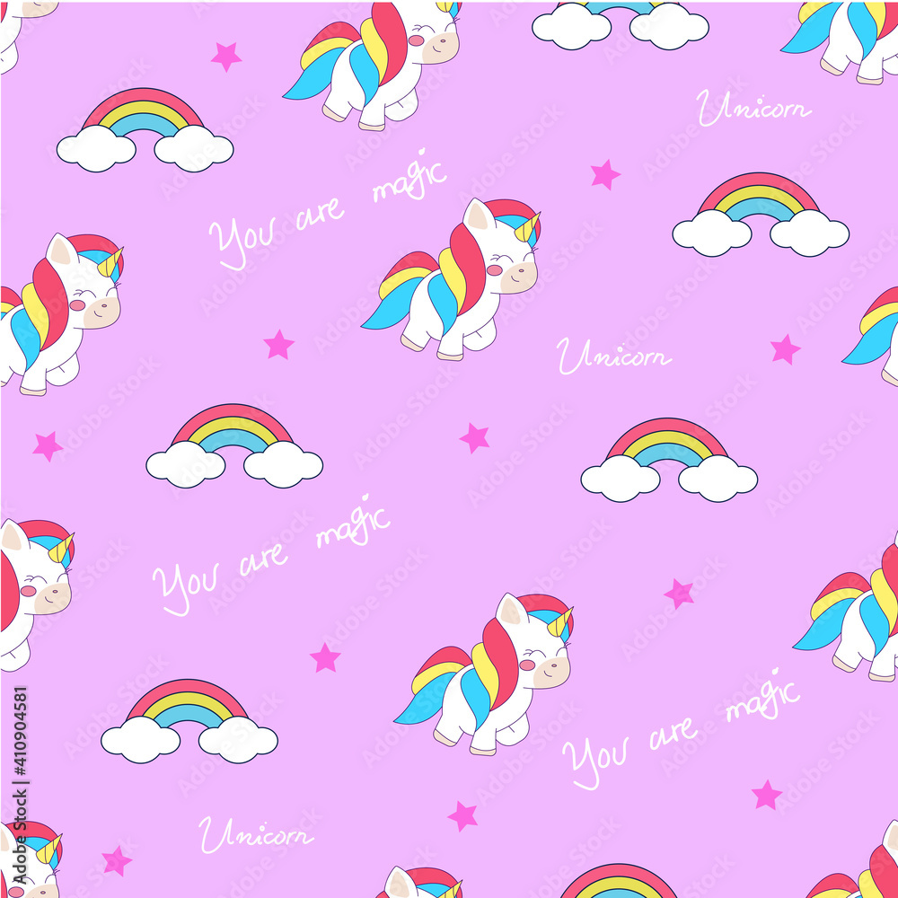 Seamless kawaii unicorn with hand-drawn text