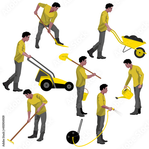 Figures of a planting black farmer or gardener with tools: shovel, wheelbarrow, rake, hose, lawn mower, bucket, can