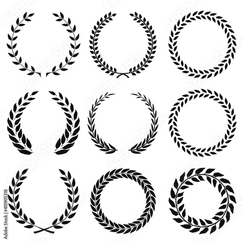 Set of black and white rounded laurel foliate and wheat wreaths