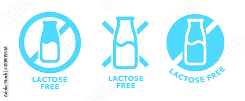 Lactose free icon set. Contains no lactose label for healthy daiy food product package. Blue cow milk bottle sign design element.