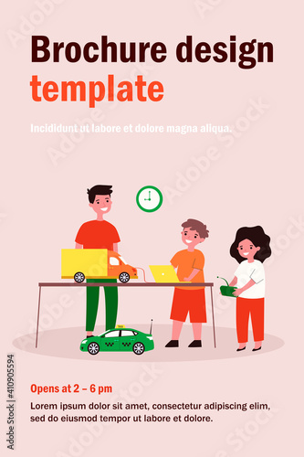 Children programming radio-controlled toy cars. Computer, remote control, playing kids flat vector illustration. Childhood or robotics class concept for banner, website design or landing web page