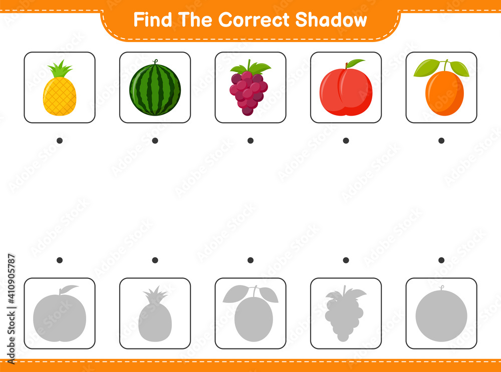 Find the correct shadow. Find and match the correct shadow of Fruits. Educational children game, printable worksheet, vector illustration Find the correct shadow. Find and match the correct shadow of Fruits. Educational children game, printable worksheet, vector illustration