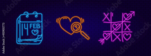 3d neon signboard. Neon design elements Tic-tac-toe, February 14 Calendar and search for ove. Modern trend style. Bright signage and design elements. Valentine's Day.
