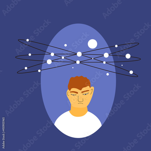 Overload information. Portrait of teenage boy with some mental issues.Young man with lot of confusing thoughts. Male character with bad mood. Person with special needs icon. Vector illustration.