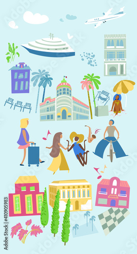 Set of isolated icons, elements for design: transport, people, buildings, plants. Vector illustration.