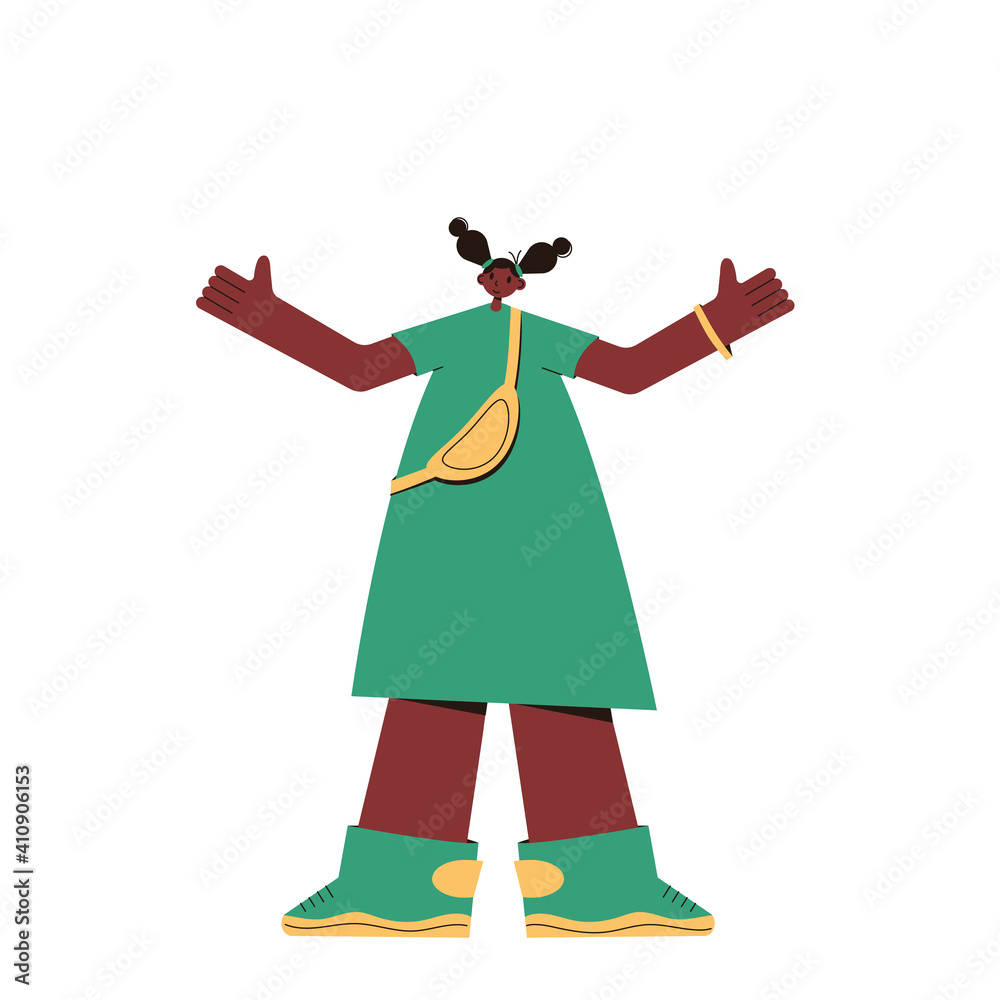 African american girl with two tails hairstyle. Cute kid character wearing in casual clothes standing and waving hands isolated on a white background. Female child in green dress. Vector illustration.