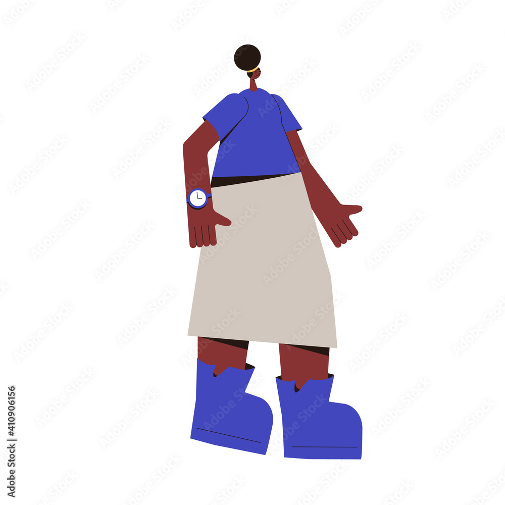 Adult african woman. Young female character wearing in casual clothes standing isolated on a white background. Person in skirt, t-shirt and wristwatch. Vector flat color illustration. Adult african woman. Young female character wearing in casual clothes standing isolated on a white background. Person in skirt, t-shirt and wristwatch. Vector flat color illustration.