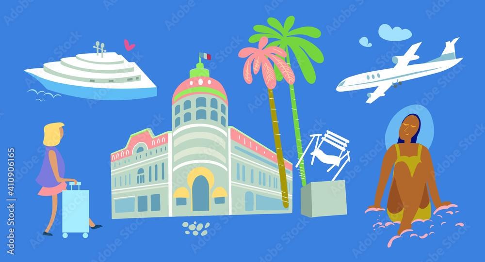 Summer vacation near the sea. Banner, background for design, isolated objects. Vector illustration.