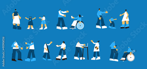 Set of peoplecommunication. Adult characters and children talking to each others. Female and male persons wearing in casual clothes collection. Vector illustration.