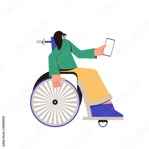 Young woman with disabilities sitting in wheelchair. Female character wearing in casual clothes holding a phone isolated on a white background. Adult person in wheel chair. Vector flat illustration.