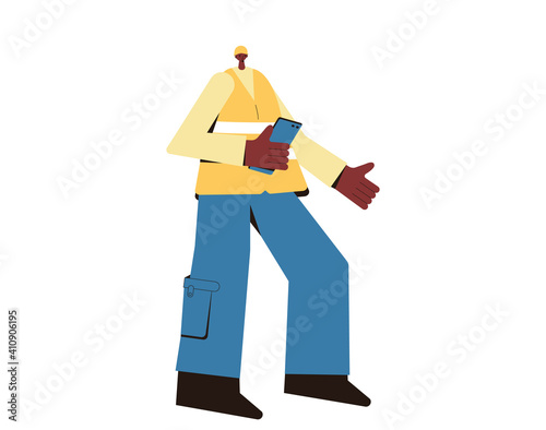 Male technician worker isolated on white background  Young man engineer  pointing with his finger. Adult person in safety vest and hard hat with device. Vector flat illustration.