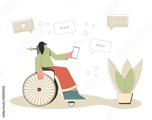 Young woman with disabilities sitting in wheelchair with phone. Female character holding a mobile and texting a message. Adult person in wheel chair talking with friends with social media.