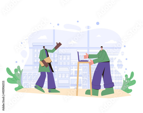 Workplace concept. Adult characters with computers near window. Male persons wearing in casual clothes talking about job in their office.Vector color flat illustration