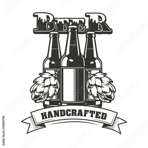 Handcraft beer emblem design. Monochrome element with bottles and hops vector illustration with text. Alcohol and bar concept for symbols and labels templates