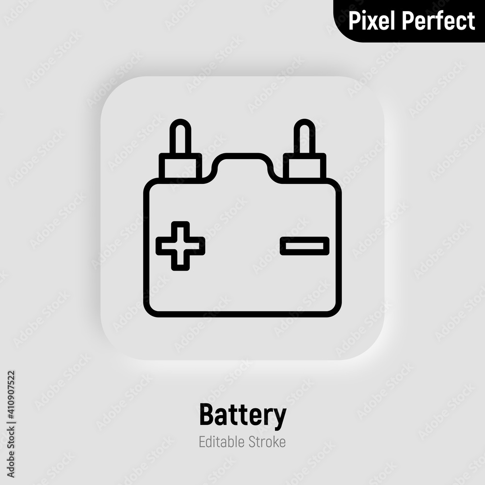 Car battery or accumulator thin line icon. Pixel perfect, editable stroke. Vector illustration. Car battery or accumulator thin line icon. Pixel perfect, editable stroke. Vector illustration.