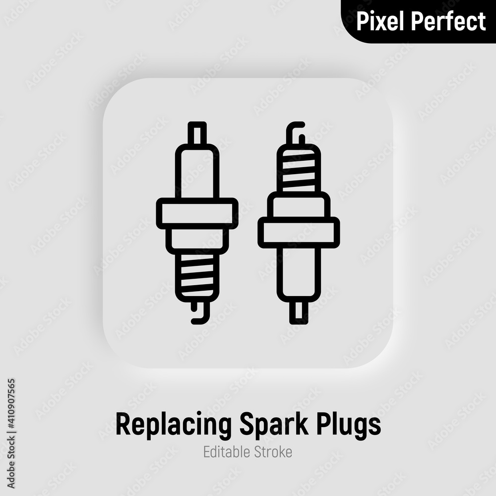 Car service: replacing spark plugs. Thin line icon. Pixel perfect, editable stroke. Vector illustration. Car service: replacing spark plugs. Thin line icon. Pixel perfect, editable stroke. Vector illustration.