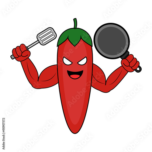 Red chili vector character carrying spatula and frying pan on white background