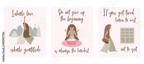 Postcards with phrases for every day. Girls, women and lifestyle. Vector illustration.