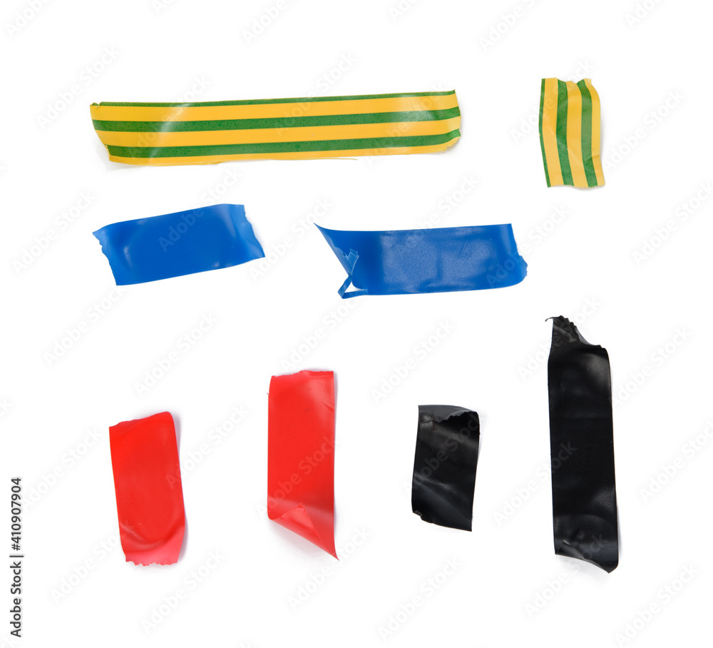 multicolored rubber insulating tape, pieces isolated on white background