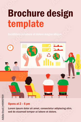 Female speaker standing in front of presentation isolated flat vector illustration. Cartoon audience listening international ecological scientific conference. Business and media forum concept