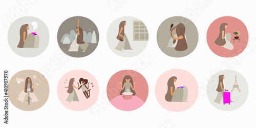 A set of icons, a girl dances, prepares, reads, travels, does yoga, rides a bicycle, looks after a flower. Highlights. Vector illustration in a restrained range, pastel colors.