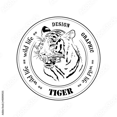 Badge (stamp of quaility, seal, emblem) Head of tiger. Licking. photo