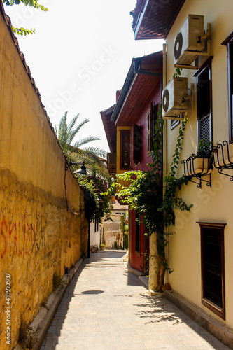 Old typical wooden colorful houses  tree branches  palm and ivy in a narrow street in Old Town  Antalya  Turkey.