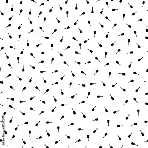 Acoustic guitar vector seamless pattern background. Tiny black and white musical string instrument backdrop. High contrast monochrome design. All over print for music lesson or festival concept