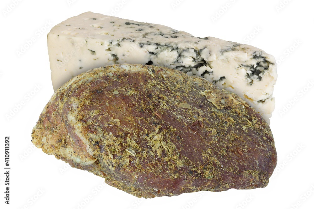 Beef and blue cheese isolated on a white background. Blue cheese and meat isolated Beef and blue cheese isolated on a white background. Blue cheese and meat isolated