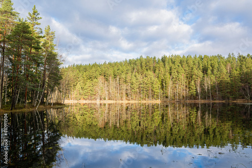 View of The Haukkalampi pond in autumn  Nuuksio National Park  Espoo  Finland