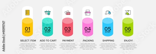 Concept of shopping process with 6 successive steps. Six colorful graphic elements. Timeline design for brochure, presentation, web site. Infographic design layout.