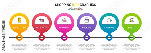 Concept of shopping process with 6 successive steps. Six colorful graphic elements. Timeline design for brochure, presentation, web site. Infographic design layout.