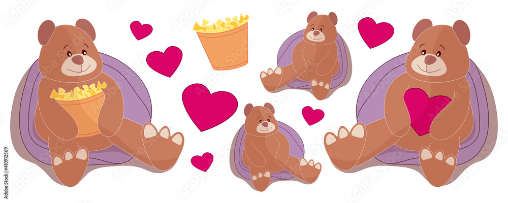 Fototapeta premium Set of brown teddy bears holding a heart and popcorn in their paws. Children's stock vector illustration isolated on white background. Cartoon illustration, separate elements - bear, heart, popcorn.