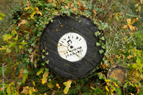 Tree trunk cut and painted in the shape of music vinyl in black and white surrounded by ivy and nature. The four Seasons
