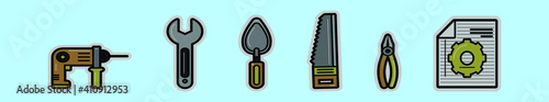 Tool icon set with lots of construction or DIY tools including level, pneumatic and many others. vector illustration isolated on blue background