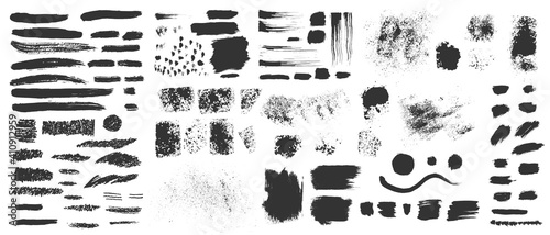 Vector hand drawn ink design elements. Sponge stamps, dry brush marks, splatter sprinkles, pastel pencil textures. Set of grunge black artistic brushstroke design elements isolated on white background